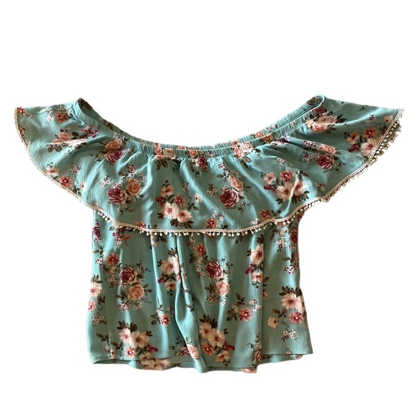 Turquoise Off the Shoulder Ruffles Fringe Floral Joe Boxer Top Shirt. Size L. - Picture 1 of 9
